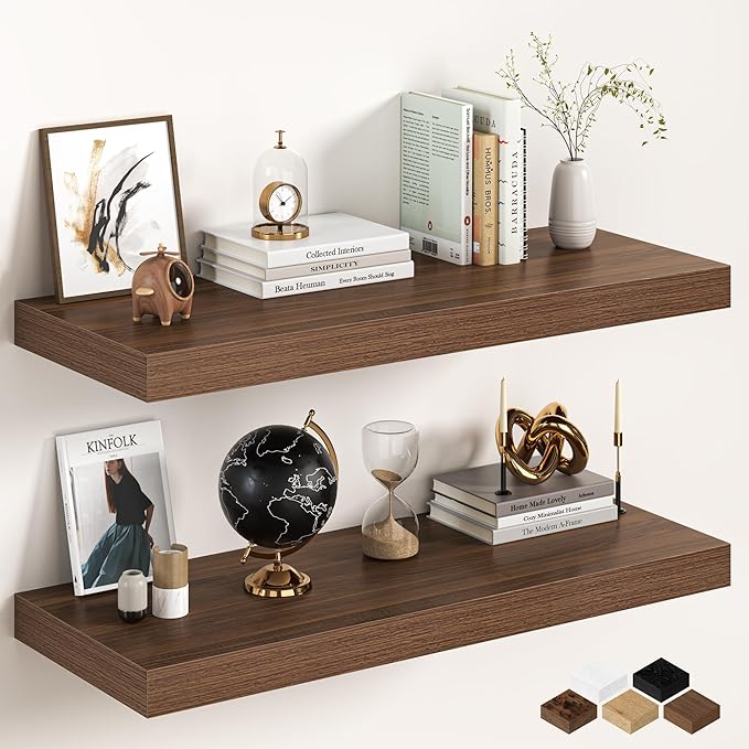 36Inch Walnut Floating Shelves for Wall, 12 Inch Deep Shelves for Bedroom, Kitchen, Bathroom Wall Mounted, Rustic Wood Floating Shelf with Invisible Brackets for Books, Storage, Decor, 2 Packs