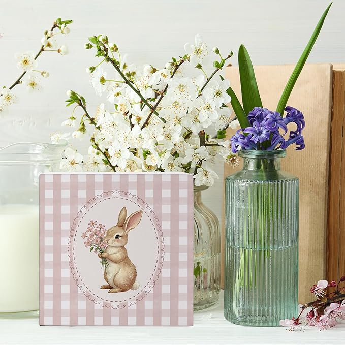 Pink Bunny Wood Box Sign Desk Decor, Bunny Decorations, Pink Easter Theme Wooden Block Box Sign Decoration for Home Office Shelf Table Decor 5x5