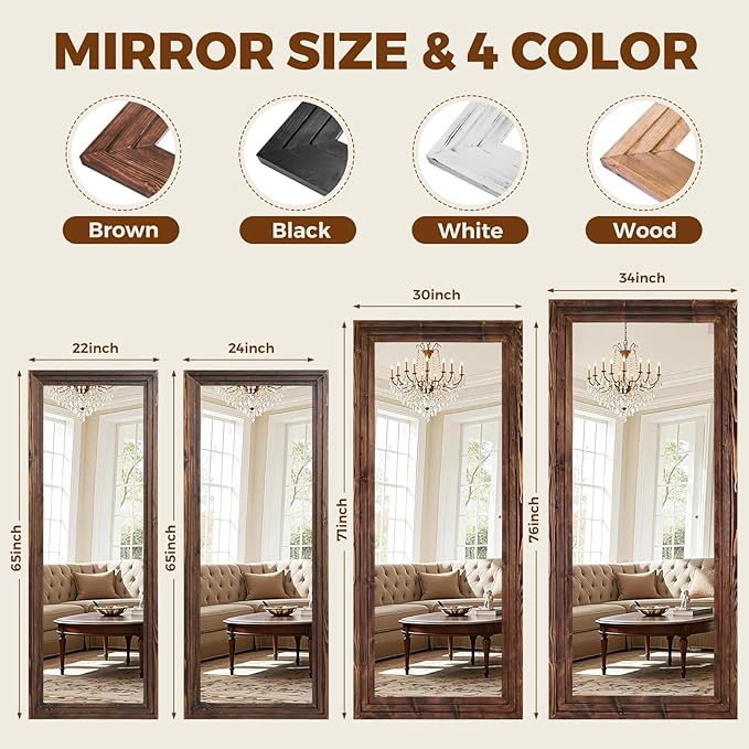 Full Length Wood Mirror 71x30 - Rustic Solid Wood Floor Mirror with Triple Layer Frame, HD Tempered Glass, Wall Mounted or Leaning Standing Mirror Vintage Brown Mirror for Bedroom Bathroom Living Room