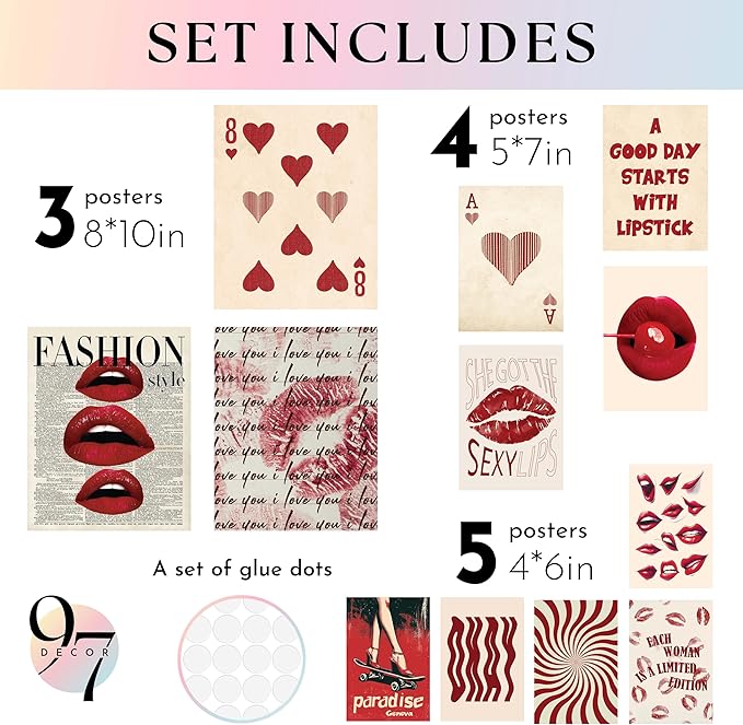97 Decor Vintage Downtown Girl Room Decor - Y2k Posters For Room Aesthetic Pictures, Cute Y2k Room Decor 2000s Prints, Retro Red Wall Art For Teen Girls College Dorm Bedroom Decorations (Unframed)