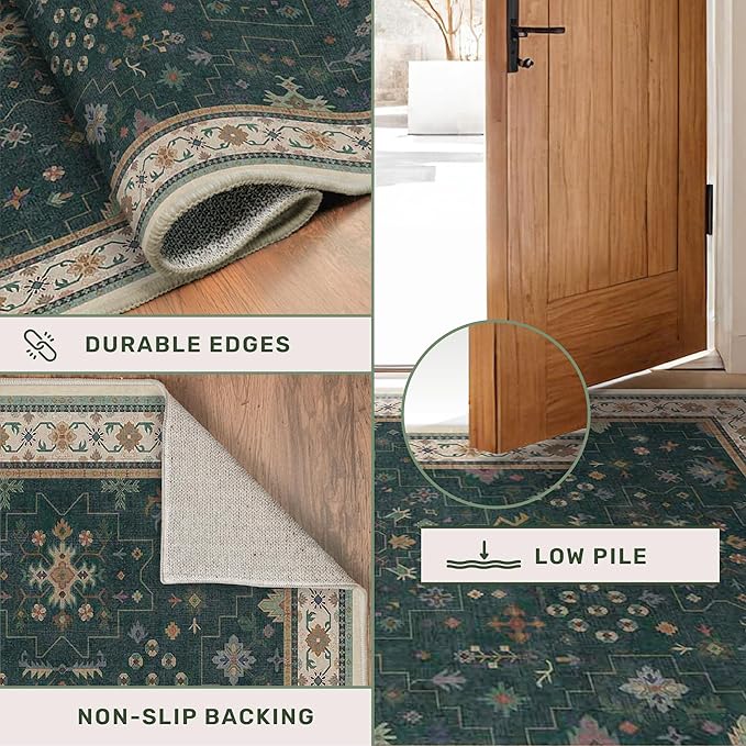 Hazo Haus Dark Green 2x6 Kitchen Rug - Modern Vintage Boho Eclectic Floral with Brown Accent, Washable Low Pile Non-Slip Runner Rugs for Bathroom, Door Mat Indoor Entrance, Hallway, Bedroom, Laundry