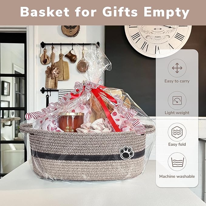 Dog Toy Basket, Baby Boy Shower Gifts Basket for Nursery Bedroom, Dog Storage Bins with Handles, Woven Rope Baskets for Pet Cat Organizer, 13.6"x 10" x 6"