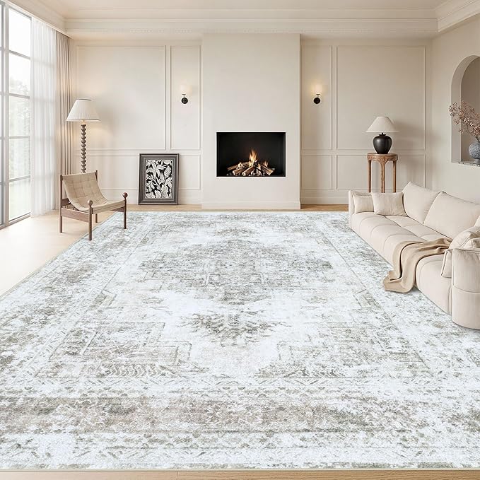 XLUEZ Area Rug 10x12 Living Room Rugs, Machine Washable Vintage Distressed Medallion Rug Non-Slip Soft Low Pile Large Indoor Rugs for Bedroom Kitchen Dining Room Office(Taupe,10'x12')