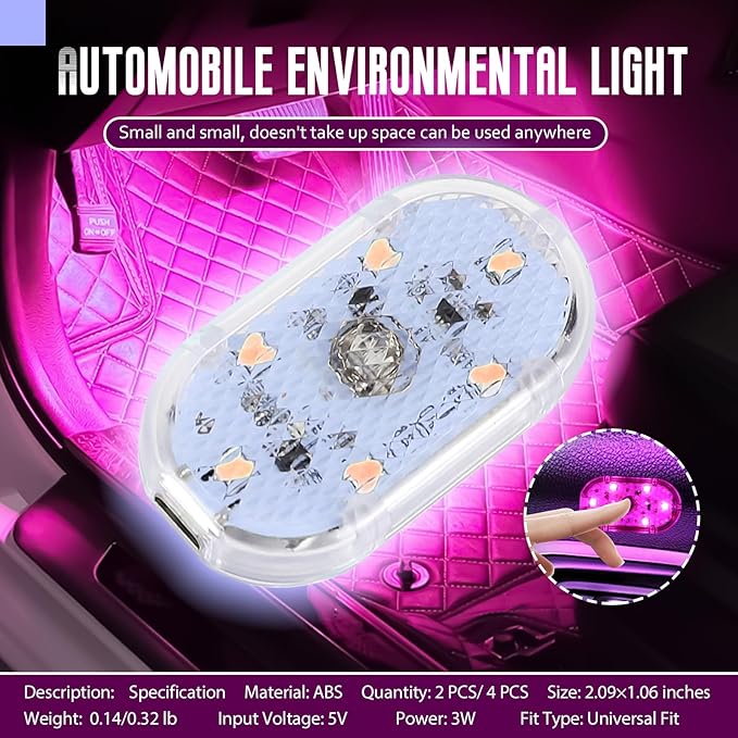 4 PCS Car LED Lights Interior Wireless, Super Bright Auto Interior Ambient Light with 6 Bright LED Lamp Beads, Portable USB Rechargeable Car Led Night Light for Vehicle Decor(Pink)
