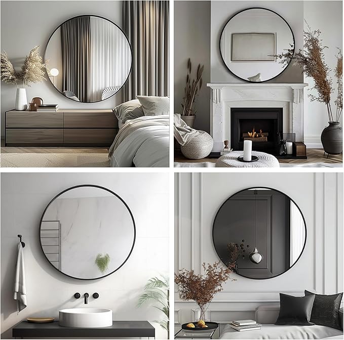 Sunniry Round Mirror 22 inch, Black Circle Mirror, Round Wall Mirrors Metal Frame, Circle Mirrors for Living Room, Bathroom, Wall, Entryway, Rustic.