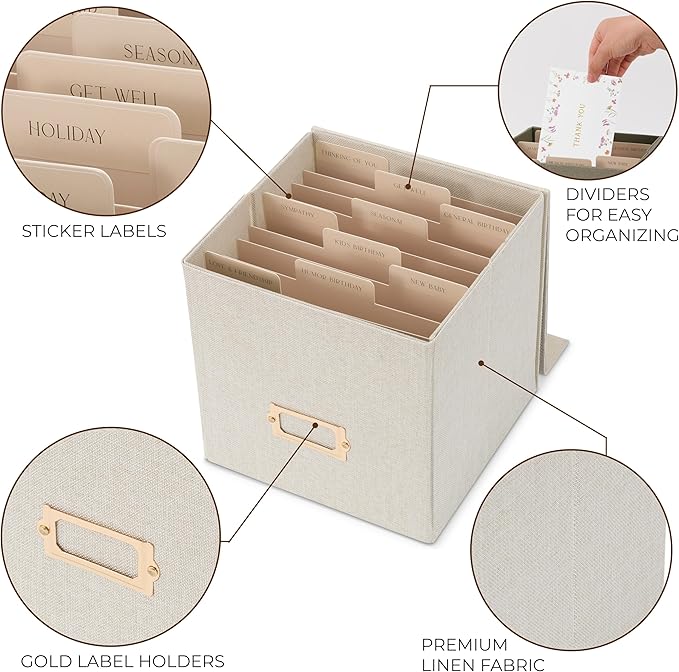 ZICOTO Beautiful Greeting Card Organizer Box With Dividers - Sturdy Linen Storage Box Easily Organizes All Your Greeting Cards in Style - Cute Card Holder Safely Stores Up to 300 Small Or Large Cards