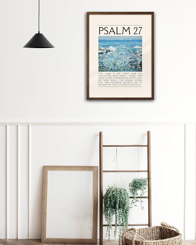 EcoHest Walnut Color OAK Wood Jesus Framed Wall Art, 12x16in Psalm 27 Bible Verse Christian Wall Art, Modern Faith Religious Bedroom Decor For Living Room Bathroom Christian Merch Gift 1Pack