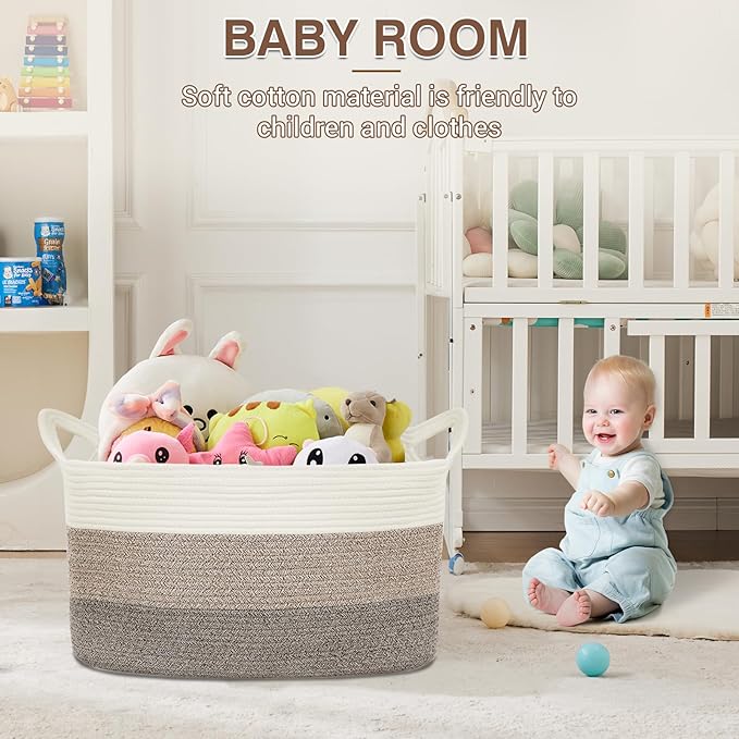 YOUDENOVA Nursery Storage Basket，21.6''×14.9''×11.8'' Rectangle Cotton Rope Blanket Basket, Nursery Laundry Hamper for Organizing，Toy Basket for Living Room, Bedroom