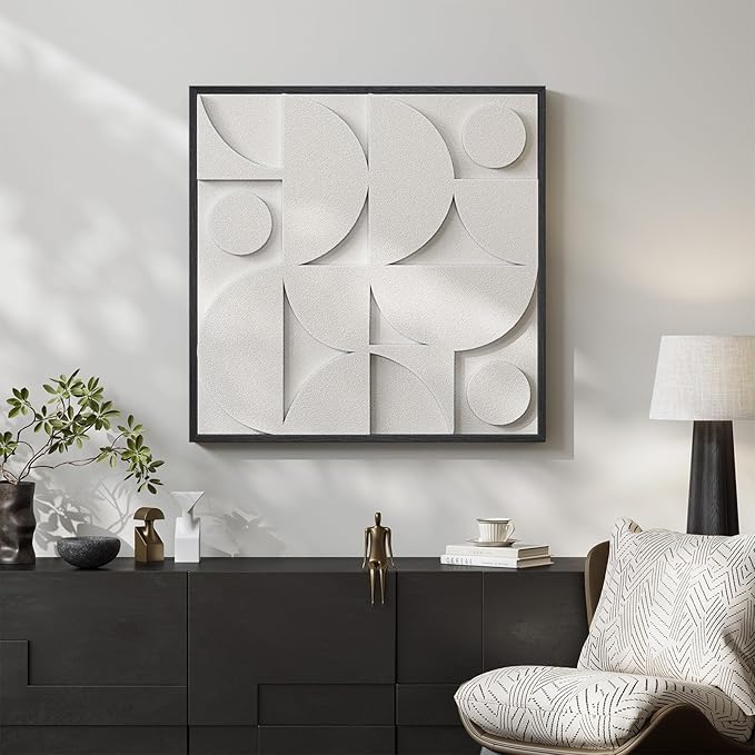 Large 3D Textured Framed White Abstract Wall Art for Living Room, Modern Geometric Sandstone Texture Paintings Artwork for Walls, White Minimalist Pictures for Bedroom Hallway Wall Decor 30x30 In
