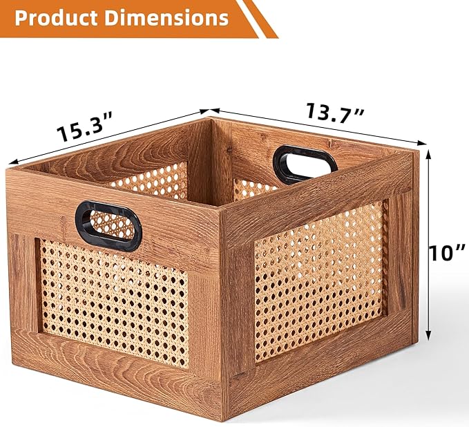 LELELINKY 2 Pack Vinyl Record Storage Crates, Rattan Vinyl Record Holder with Handle, TeaC Record Crate for Vinyls Holder up to 75 LP's, Desktop Cube Album Storage for Vinyls Records