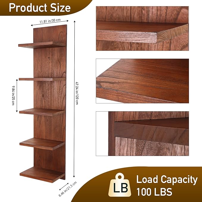Wooden 5 Tier Wall Shelf,Vertical Column Floating Storage Home Decor Organizer,Floating Shelf Wall Decor Shelves for Bedroom, Living Room,Vanity(Walnut)