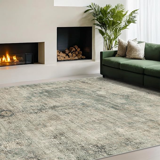 Hazo Haus Tan and Moss Rugs for Dining Room - Neutral Abstract Faded Patterned Accent Rug 5x8 for Living Room, Home Office, Bedroom Foldable Soft Washable
