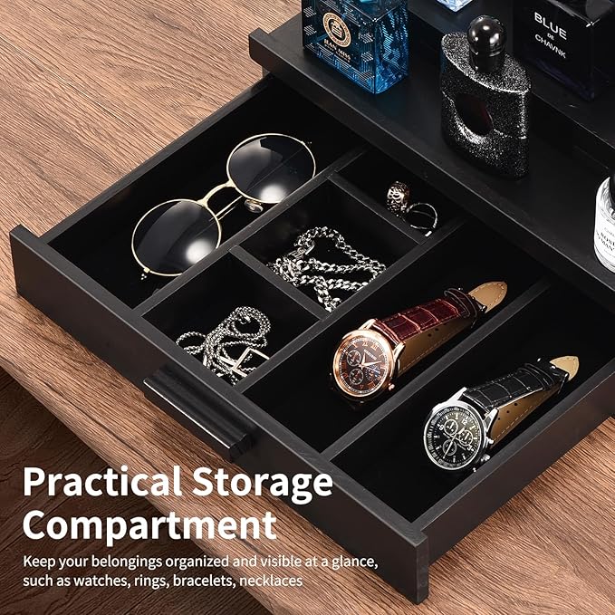 Perfume Organizer for Men, 4 Tier Wood Perfume Display Stand with Velvet Lining Drawer and Hidden Compartment for Watch,Jewelry,Perfume Display Risers,A Gift for Men (Black)