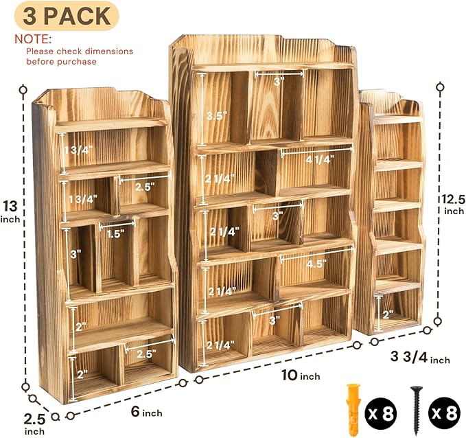 3 Pack Wood Shadow Box with 27 Compartment, 16" x 10" x 2.5" Rustic Cubby Display Shelf, Wall-Mounted Freestanding Floating Shelves, Decorative Collection Display for Figures, Curio