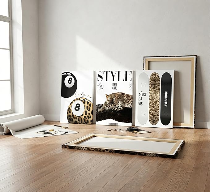 3Pcs Trendy Leopard Canvas Wall Art Preppy Aesthetic Stylish Leopard Painting Picture Wall Decor Funky Lucky 8 Ball Cheetah Poster Print Artwork for Bedroom Living Room Bathroom Home Decoration