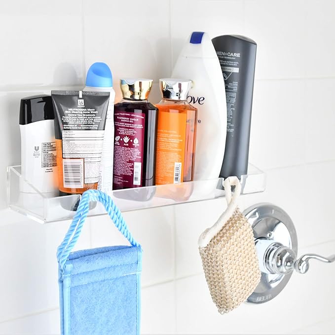 AMT 2 Pack Acrylic Floating Shelves, 15" L x 4" W, Clear Bathroom Wall Shelf, Bookshelves, Invisible Display for Office, Bedroom, Hanging Slots for Bath Sponge & Others Items, Free Screws & Drill Bit