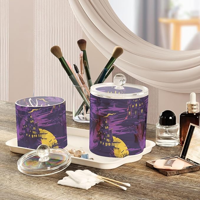 Haunted House on Haunted Hill Purple Clear Plastic Makeup Organizer Storage with lid Bathroom Essentials Decorative Dental floss storage jar for Cotton Swabs,Cotton Pads,Floss Picks,Paper