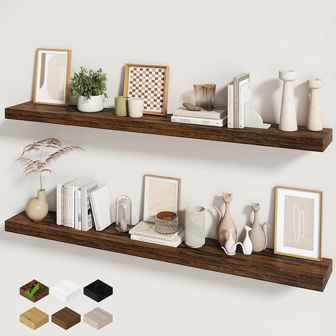 Fun Memories 60 Inch Fireplace Mantel - Long Floating Shelf, Wall Mounted Farmhouse Display with Invisible Heavy Duty Metal Bracket, Brown, 2 Pack