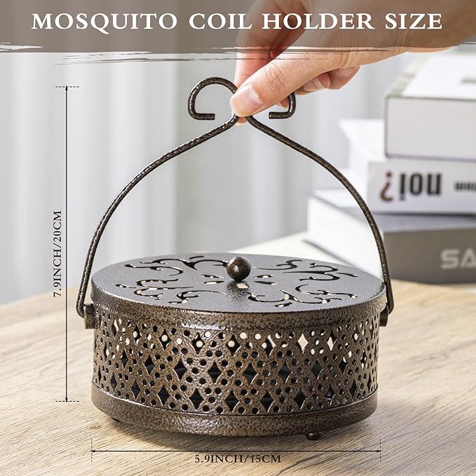4 Pieces Mosquito Coil Holder Incense Coil Holder Round Retro Portable Metal Hanging Incense Burner with Handle for Home Camping Indoor Outdoor Patio(Bronze Color)