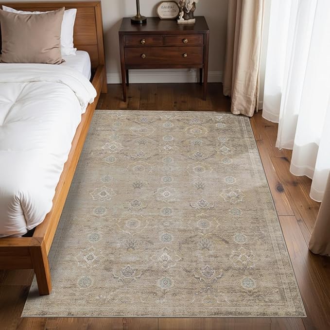 Rugxara 4x6 Rug for Living Room Bedroom, Beige Washable Throw Rugs, Vintage Retro Boho Area Rugs, Non Slip & Low Pile Accent Throw Carpet for Indoor Dining Room, Kids Room and Office(Beige 4x6ft)