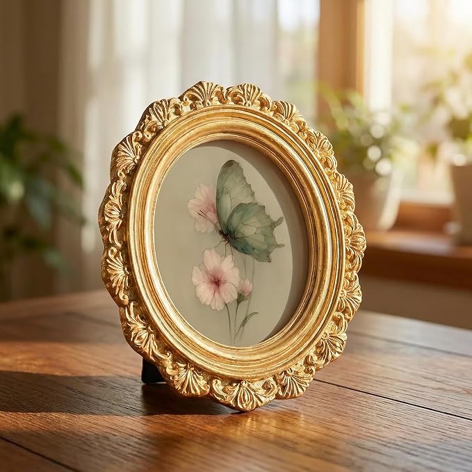 Small Vintage Butterfly Spring Round Picture Frame Wall Decor, Pink Flower Gold Mini Ornate Photo Frame for TableTop Desk 2.7in Photo, Rustic Framed Artwork for Walls Office Bedroom Shelf