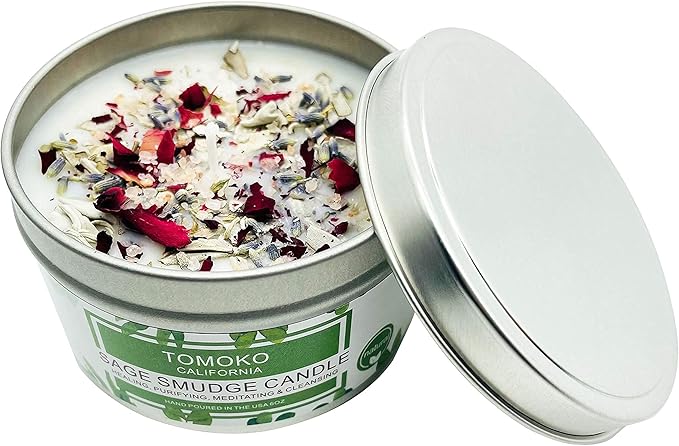 TOMOKO White Sage Candle, Sage Leaf, Rose, Lavender, Himalayan Salt & Essential Oil