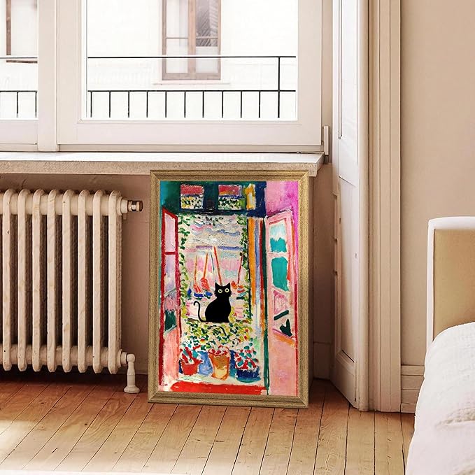 Fantasy Artists Henri Matisse Cat Wall Art, Framed Open Window Black Cat Canvas Poster Prints, Abstract Aesthetic Wall Decors for Living Room, Oil Paintings for Room Bathroom Decorations 20" X 30"