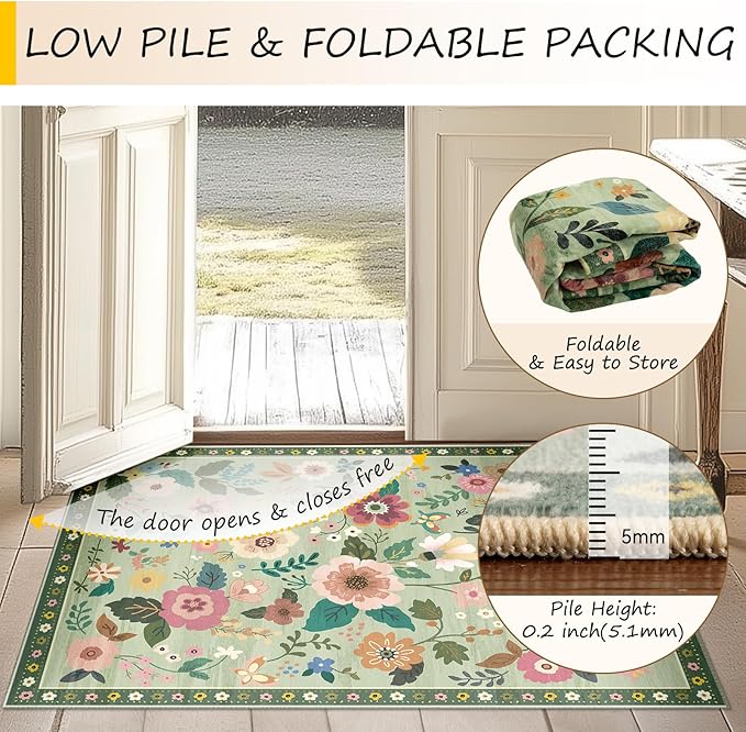 RELEANY Floral Nursery 4ft Area Rugs Washable Print Boho Cute Carpet Non Slip Flower Low Pile for Living Room Kids Girls Playroom Bedroom Kitchen Office Farmhouse-Light Green