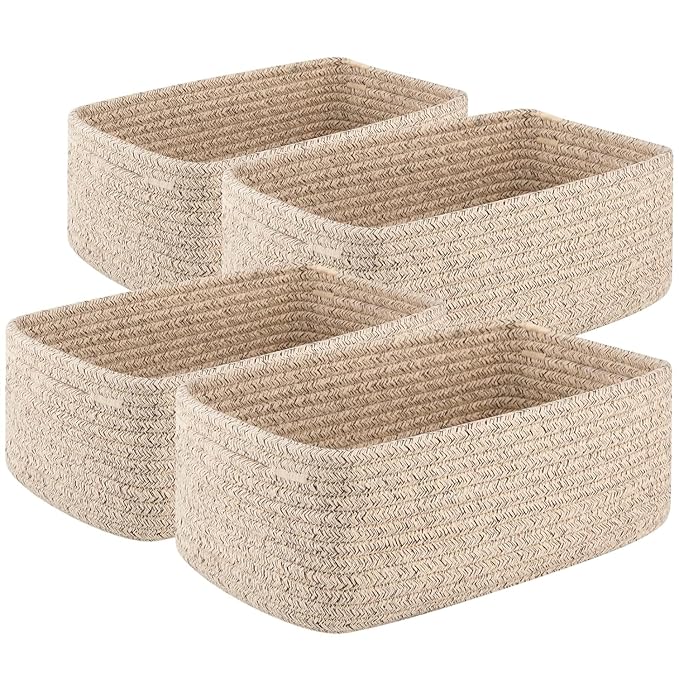 OIASKET 4 Pack Small Storage Shelf Baskets for Organizing, Mini Woven Rope Storage Bins for Towels, Cute Decorative Closet Organizer，Baby Nursery, Gift Empty Baskets -14.17''Lx11.02''Wx6.3''H-White