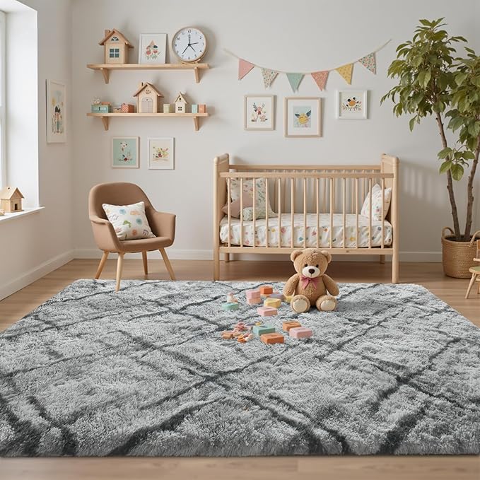 4x6 Area Rugs for Bedroom, Grey Plush Fluffy Shaggy Living Room Rugs Non-Slip, Ultra Soft Carpet for Nursery Kids PlayRoom Dorm Office Indoor