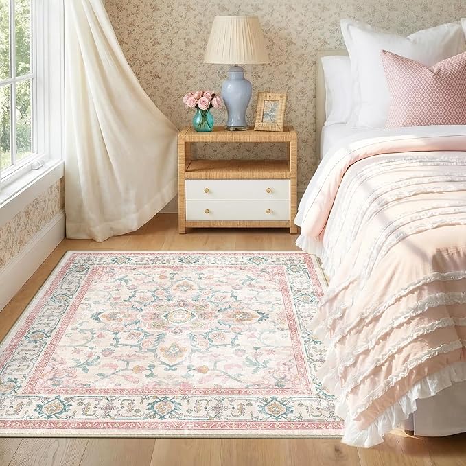 CAPALOCA Machine Washable Rugs Nursery Rug Sq4ft Cute Girl Non Slip Low Pile Water Repellent Soft Print Pattern for Bedroom Indoor Decor Kids Playroom Pink Teal