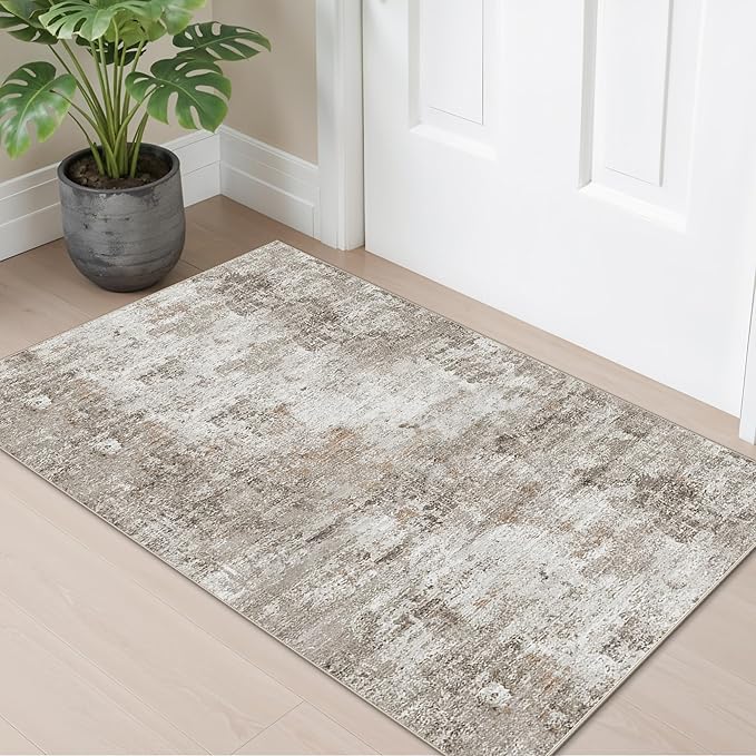 2x4 Washable Entryway Area Rug - Non-Slip Modern Small Indoor Mat for Bathroom,Living Room,Bedroom - Abstract Neutral Soft Low-Pile Throw Carpet with Rubber Backing (Beige Grey)