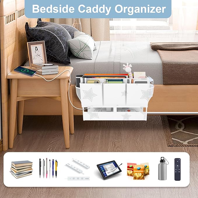 homyfort Bedside Caddy Organizer, Dual-Purpose Bedside Storage with Power Strip Holder, Versatile Bed Caddy with 11 Pockets for Bunk Bed, College Dorm, Home, Hospital, Fits Phones, Books, White