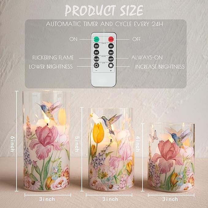 LUSHARBOR Flameless Candles with Remote, Battery Operated Glass Candles Hummingbird Flickering LED Electric Pillar Candles Real Wax Floral Christmas Decor Set of 3