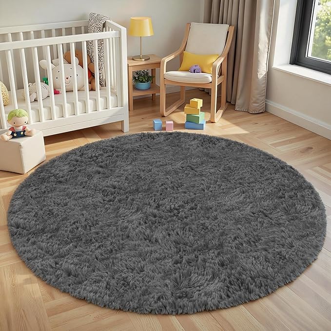 Dark Gray Round Fluffy Rug 6ft Plush Fuzzy Shaggy Carpet,Soft Rugs for Living Room for Nursery,Preppy Dorm,Classroom,Playroom,Teen,Baby Home Decor (Dark Gray 6"x6")