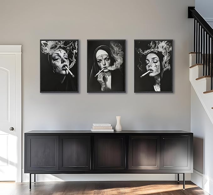 FJKLRP 3pcs Smoking Nun Wall Art Black and White Tattooed Woman Canvas Prints Poster Edgy Gothic Dark Aesthetic Wall Decor for Living Room Bedroom Studio Bar Unframed