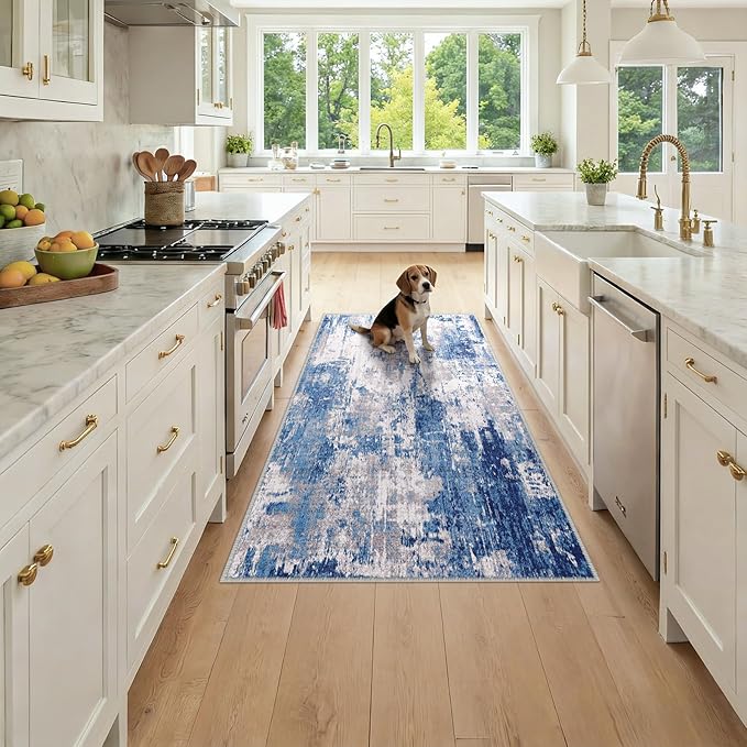 RELEANY Washable Area Rugs 3x6 Non-Slip Modern Abstract Soft for Living Room Entryway Bedroom Nursery, Print Pattern, Blue Grey Navy Gray
