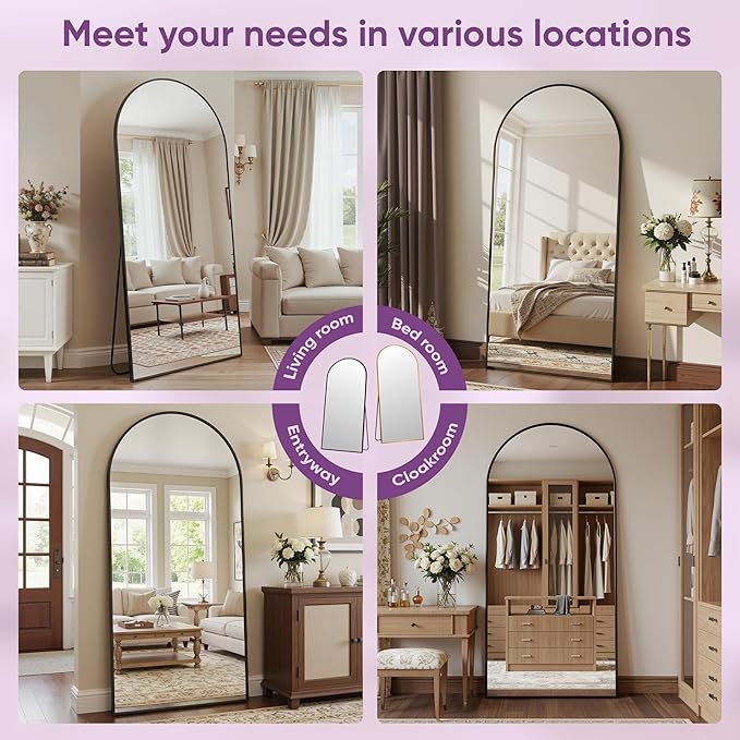Full Length Mirror, 71"x27" Arched Floor Mirror Freestanding, Floor Standing Full Body Mirror with Stand for Bedroom, Hanging Mounted for Living Room Cloakroom, Black