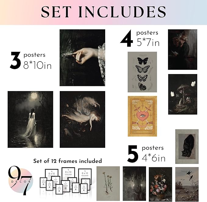 97 Decor Dark Academia Decor - Victorian Gothic Wall Art Prints, Dark Moody Aesthetic Pictures, Creepy Goth Posters Vintage Gothic Painting for Home Bedroom Decorations (8x10 Unframed)