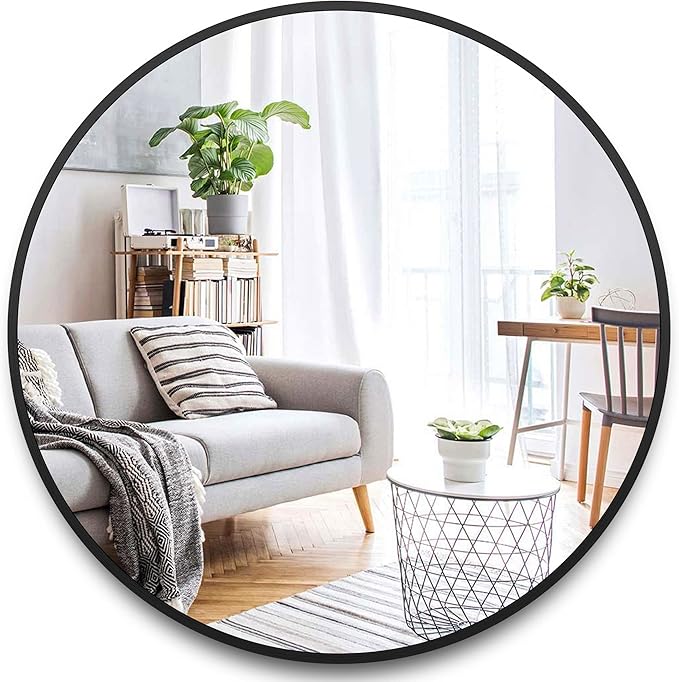 Itrue 24 Inch Round Wall Mirror, Brushed Black Metal Framed Circle Bathroom Mirror, Silver-Backed HD Tempered Glass Vanity Mirror for Over Sink, Living Room, Entryway, Hallway
