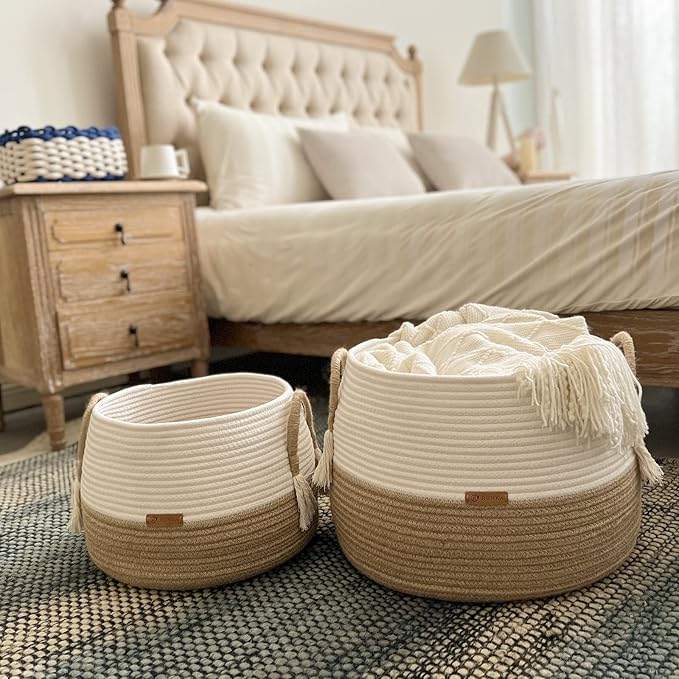 R RUNKA Small Basket for Stuffed Animal,Clothes ,Baby Blankets -11.8"x9.8"- Boho Baskets for Living Room,Bedroom,Nursery |Cotton Rope Baskets, Cube Basket, Under Shelf Basket | Baskets for Home Decor