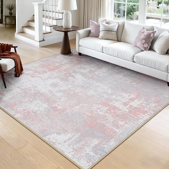 RELEANY Washable Area Rugs Square 8ft Non-Slip Modern Abstract Soft for Living Room Entryway Bedroom Nursery, Print Pattern, Grey Pink