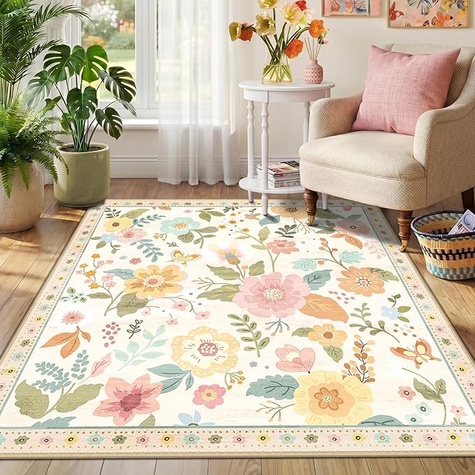 RELEANY Floral Nursery Square 5ft Area Rugs Washable Print Boho Cute Carpet Non Slip Flower Low Pile for Living Room Kids Girls Playroom Bedroom Kitchen Office Farmhouse-Beige/White/Orange