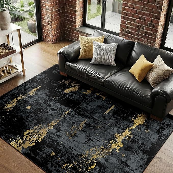 RELEANY Washable Area Rugs 5'x7' Non-Slip Modern Abstract Soft for Living Room Entryway Bedroom Nursery, Print Pattern, Dark Black Gold