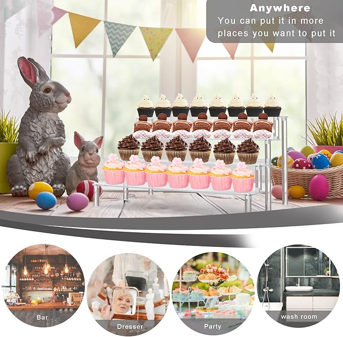 KALYLOC 2Pcs Acrylic Riser Shelf Display Stand, 4 Tier Clear Display Shelf Action Figures Holder, Collectibles Shelf for Toys Cupcakes Dessert Jewels Figurines(15.7x10.5x7.5inch)