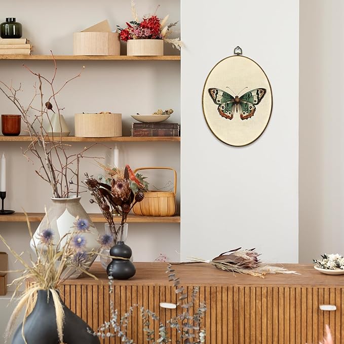 Mcehtle Vintage Butterfly Wall Art Decor, Moody Moth Cottagecore Oval Framed Canvas Prints 8.6x11.4, Sage Green Academia Insect Wall Hanging Artwork Decorations for Gallery Home Bedroom Living Room
