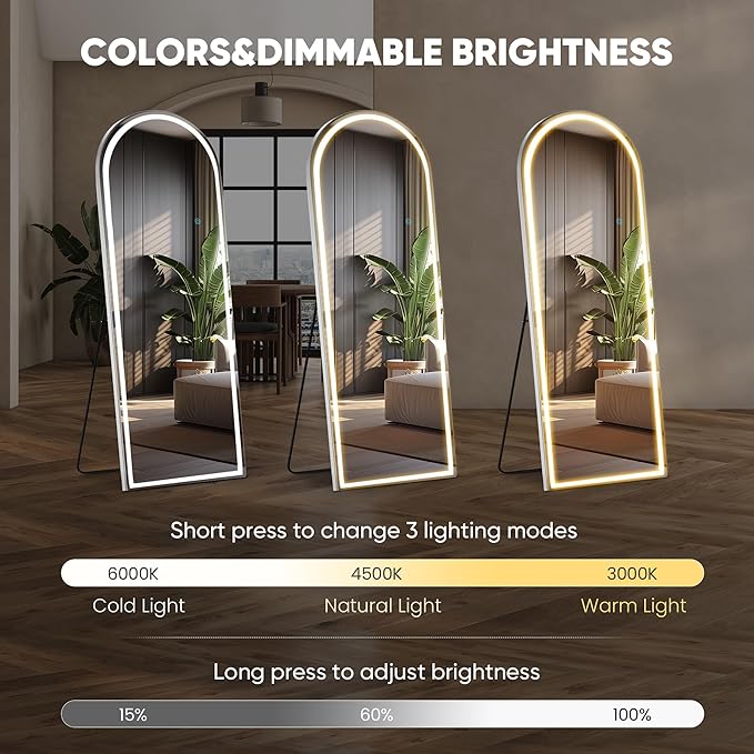 DUMOS Arched Full Length Mirror with Light- 26"×70" LED Floor Standing Mirror with 3 Color Lights & Wall Mounted for Bedroom, Dressing Room, Living Room, Bathroom