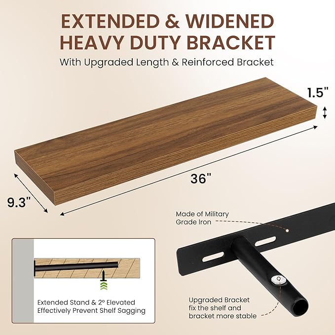 Dreamland 36 Inches Floating Shelves for Wall, 9.3" Deep Long Floating Shelves Set of 2, Large Display & Storage Shelf, Wall Shelf for Bathroom Bedroom Living Room Kitchen Office, Walnut