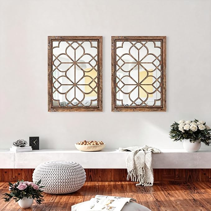 Set of 2 19x26 Inch Large Redbrown Shatterproof Rectangular Wall Mirrors, Boho Rustic Farmhouse Vintage Accent Mirrors for Living Room Bedroom Entryway Dining Room & Home Decor