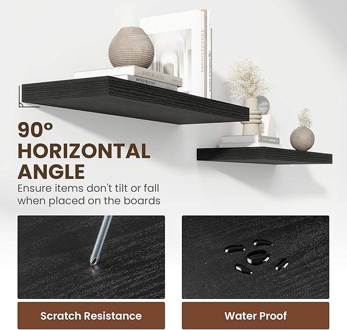 Acovy 12 Inch Deep Floating Shelves, 24 Inch Long Floating Shelves for Wall, Floating Shelf with Invisible Brackets, Deep Shelves for Bathroom, Bedroom, Living Room, 2 Pack, Black